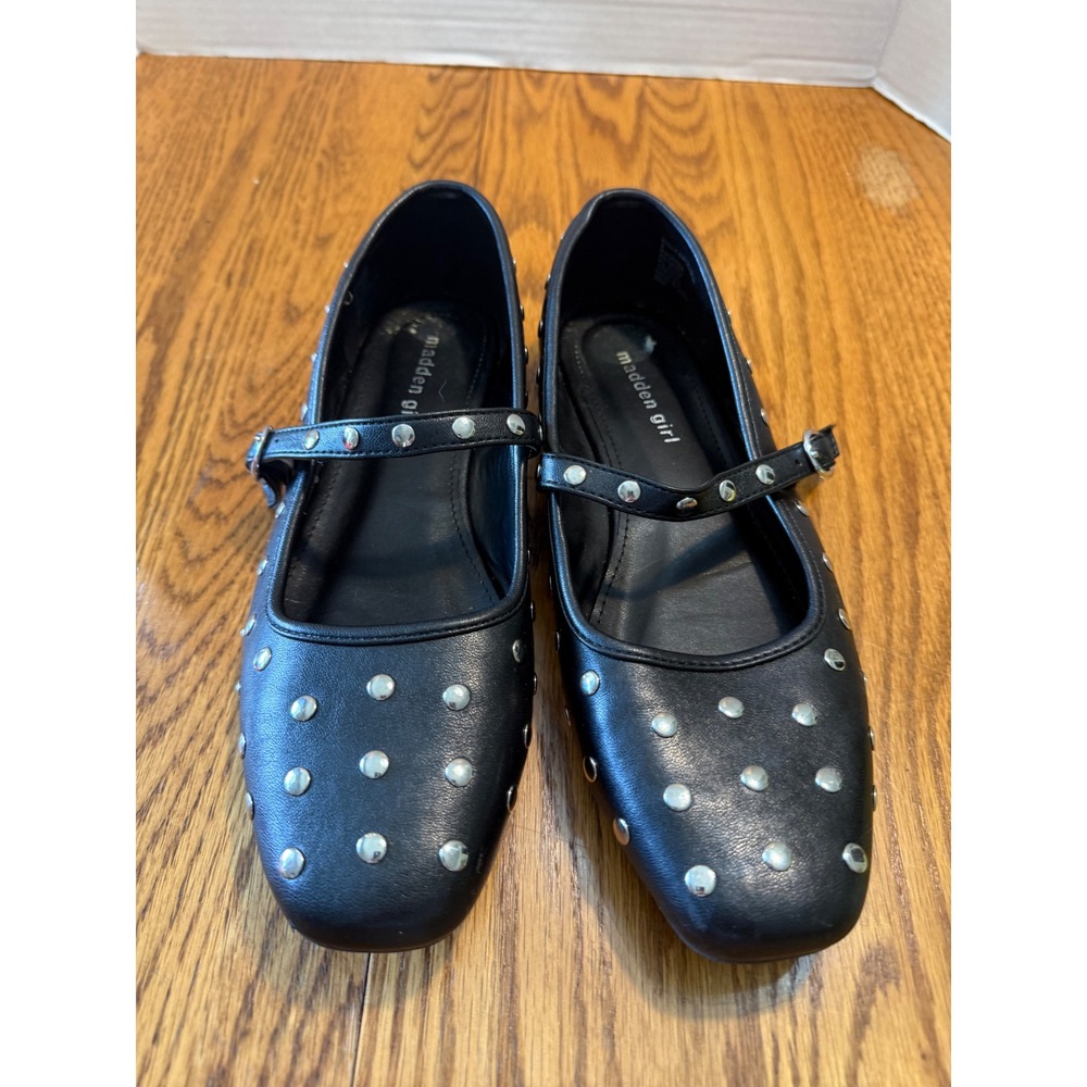 Madden Girl Polly Black Studded Mary Jane Flats Square Toe Shoes Size 9M